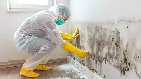Mold remediation team sealing contaminated area during mold removal project in Edmond home