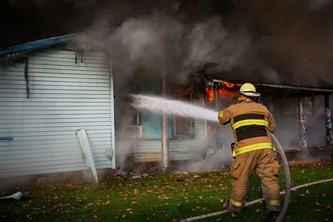 Technicians using professional equipment for fire damage restoration