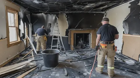 Fire damage restoration team cleaning soot from walls